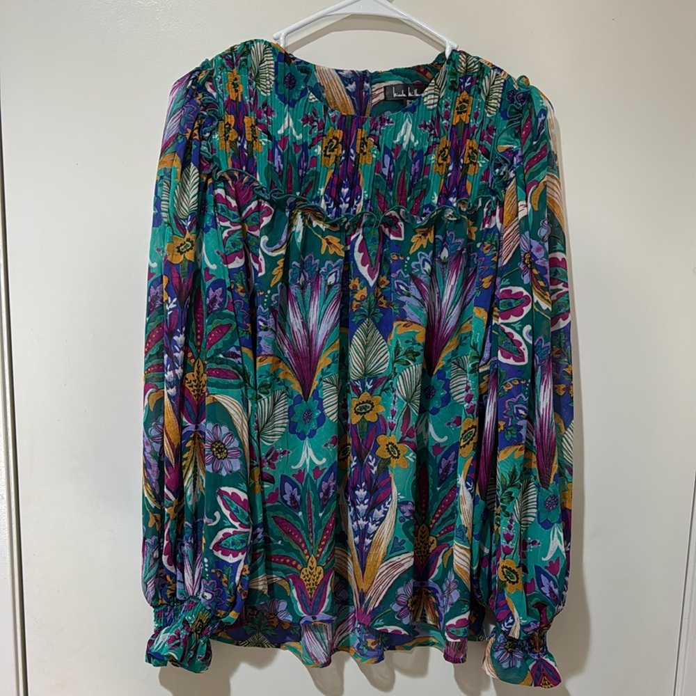 Nicole Miller Womens Abbie Chiffon Long Sleeve Top - Blue Multi - Medium